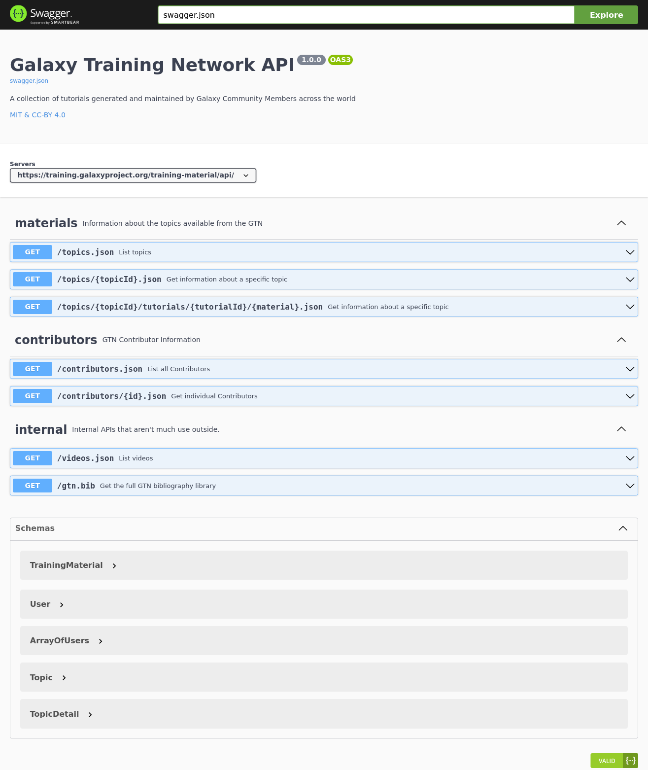 Image showing an OpenAPI / Swagger UI to the training material API featuring several APIs like topics, tutorials, contributors, and a couple internal APIs. At the bottom are a couple of data models.