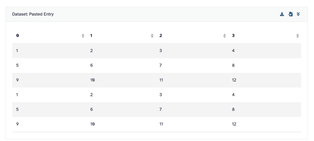 a tabular dataset rendered, it has a title and a download button and sortable columns