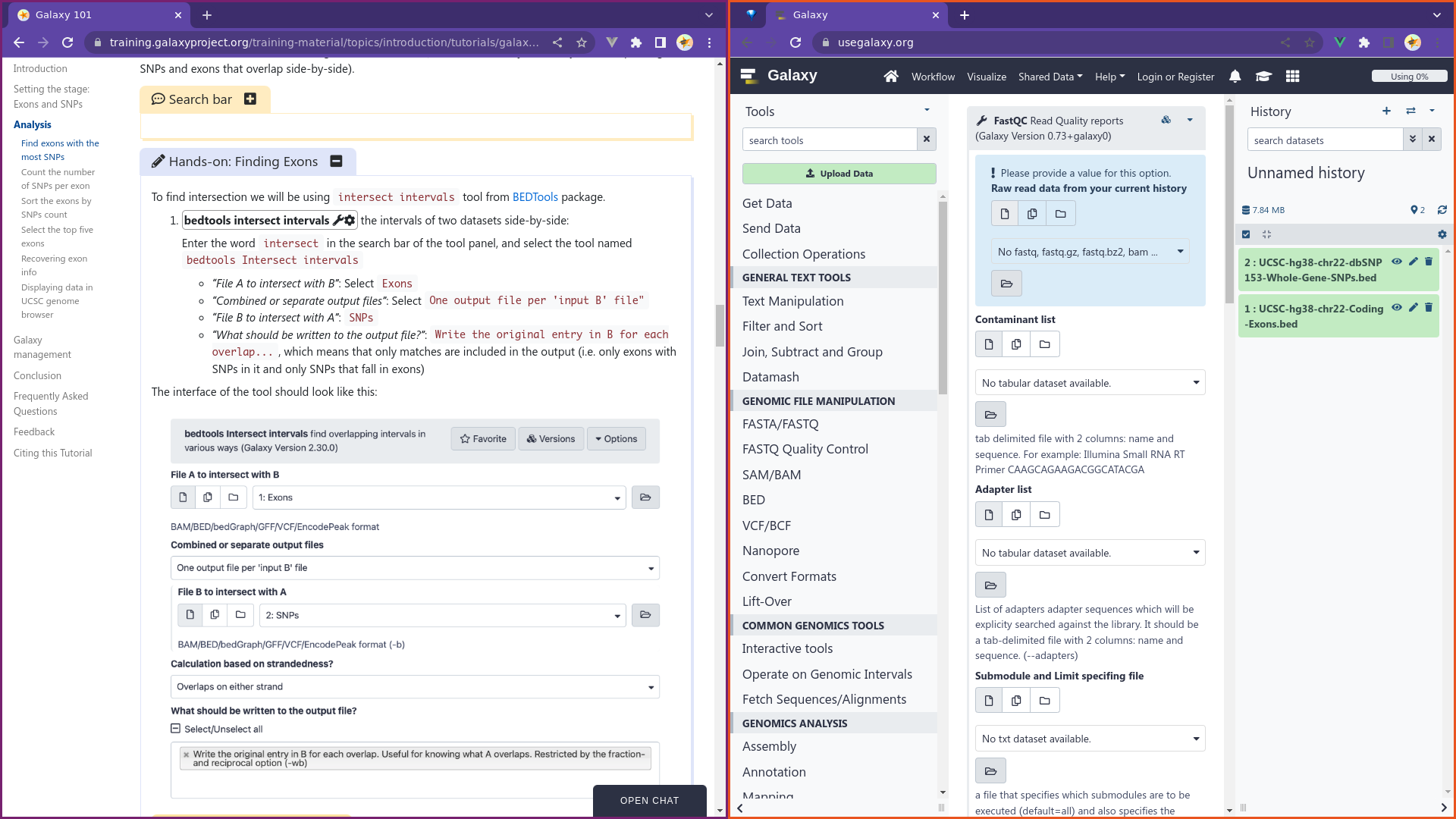 Screenshot with 2 web-browsers open side-by-side: one pointed at the current tutorial and the other at a Galaxy instance