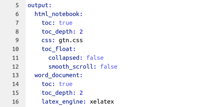 Screenshot of the metadata with html_notebook and word_document being visible and a number of options controlling their output. TOC, standing for table of contents, has been set to true for both.