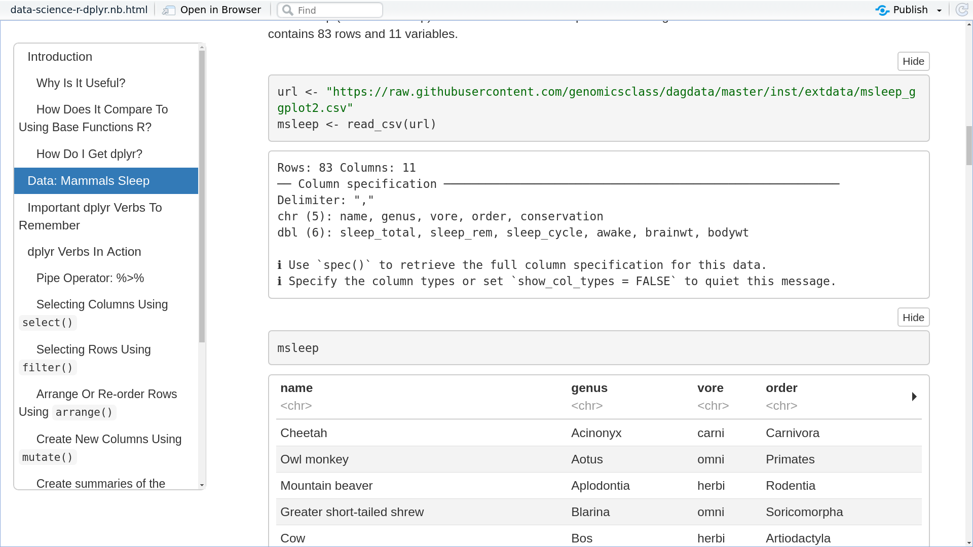 screenshot of the rendered document with a fancy table browser embedded as well as the output of each step