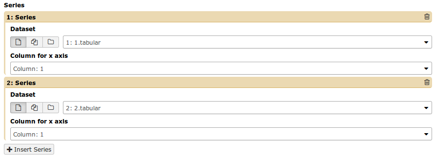 Two boxes appear labelled 1: Series and 2: Series, with an insert series button below them. Each series box has two inputs in it, a file input and a select box.
