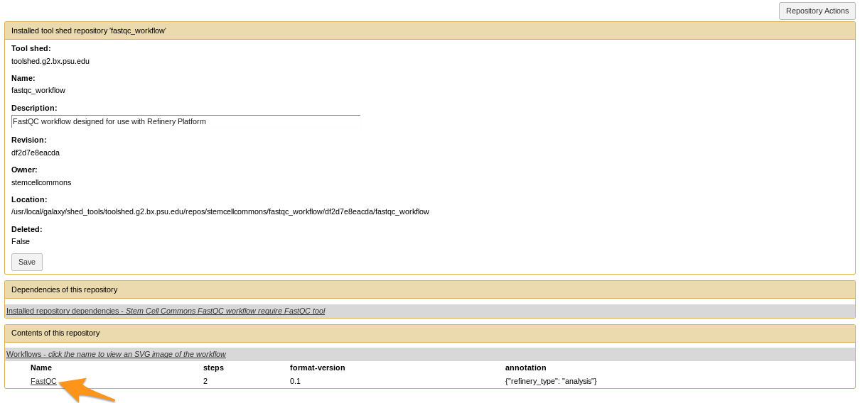 contents of the repository section lists fastqc, a link to click on