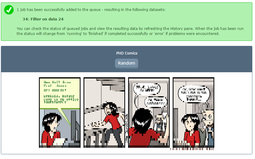 Screenshot of Galaxy with the job completion screen shown and a PhD comic image shown below.
