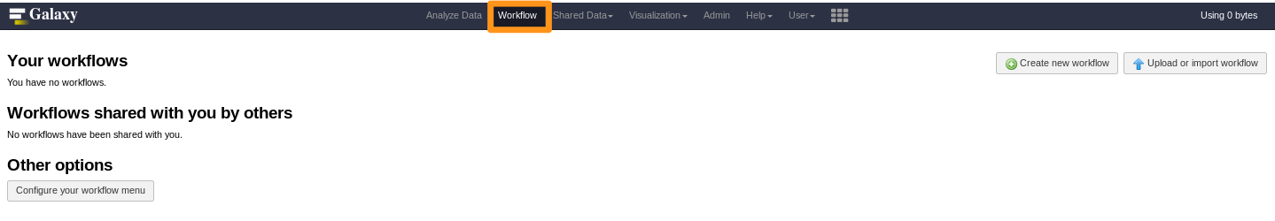 galaxy workflow list showing no workflows