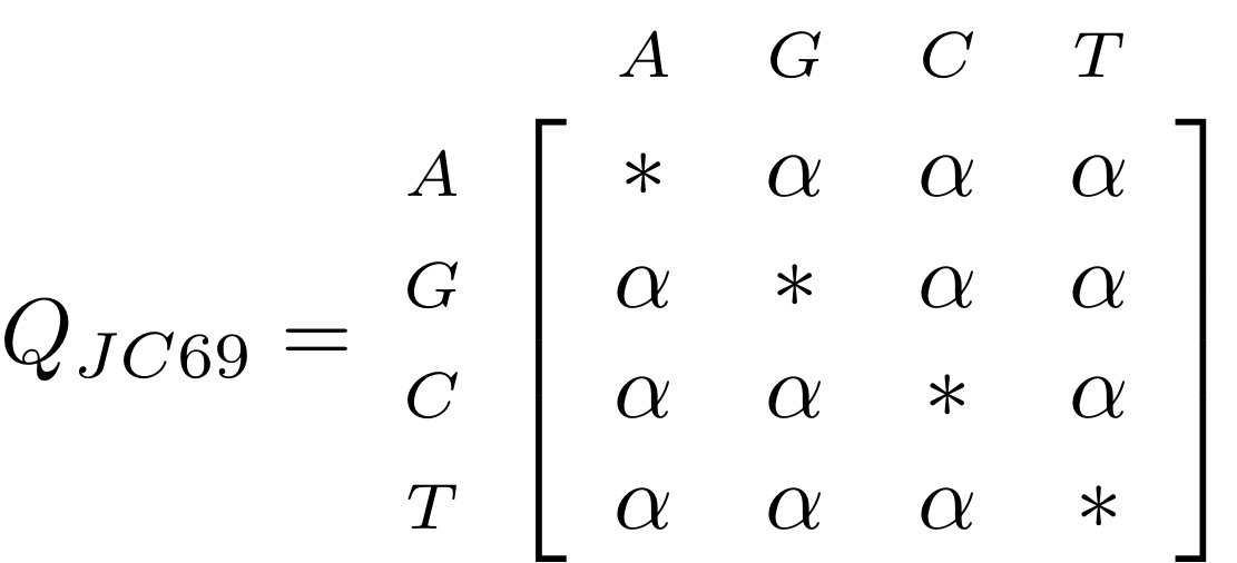 Formula where rate of nucleic acid substitutions  according to Jukes-Cantor 69 model QJC69  are expressed as a matrix with the nucleotides AGCT on both the x and y axis. The rate of change from any nucleotide to another is represented by the character alpha. The rate of not changing is represented by an asterisk. Long description provided in the video recording at 26:47