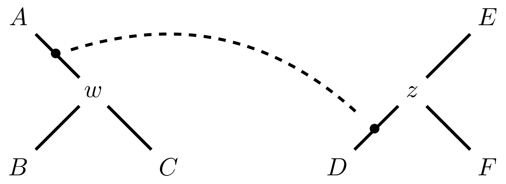 Schematic of two phylogenetic trees. In the tree on the left node w is connected to nodes A, B and C. In the tree on the right node z is connected to nodes D, E and F. Black dots are shown on the edges connecting A-w and D-z. A dashed line connects the trees through these dots.