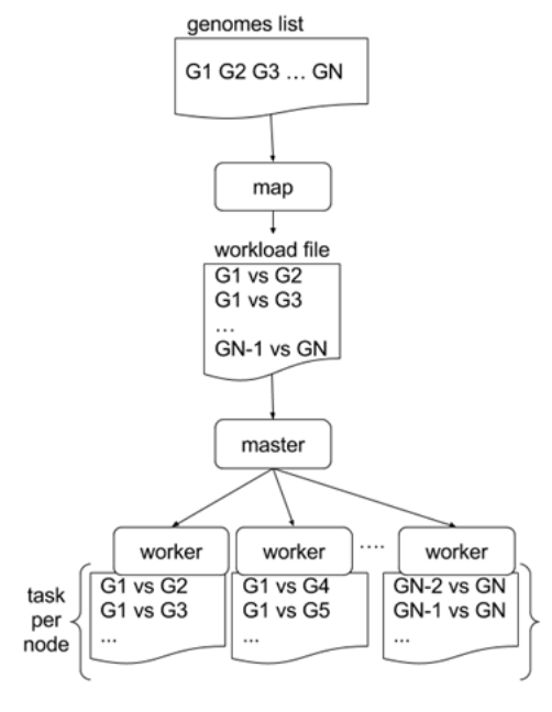 A genomes list enters the workflow and is mapped into a workload file which gives all combinations of G1 to GN. This is sent to a job runner and the individual pairwise comparisons are distributed across worker nodes.