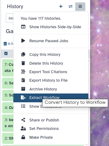 `Extract Workflow` entry in the history options menu