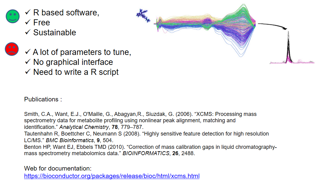 Picture to introduce the XCMS R package by providing the reference to the main publications, providing a link to the web documentation https://bioconductor.org/packages/release/bioc/html/xcms.html and highlighting with happy/sad faces some characteristics. Happy face for "R based", "free" and "sustainable". Sad face for "a lot of parameters to set", "no graphical interface", and "need to write an R script". A picture from one a the publication is displayed, corresponding to a graphic showing many overlapping line graphs pointing to a single peak.