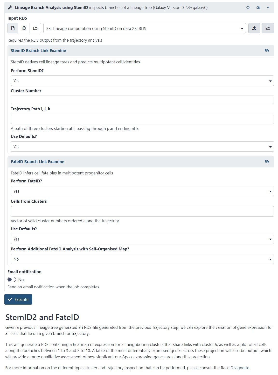 Screenshot of the interface of ‘Lineage Branch Analysis using StemID’ Galaxy tool